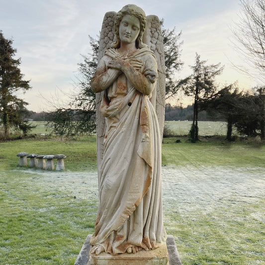 French Limestone Carved Angel Late 19th Century
