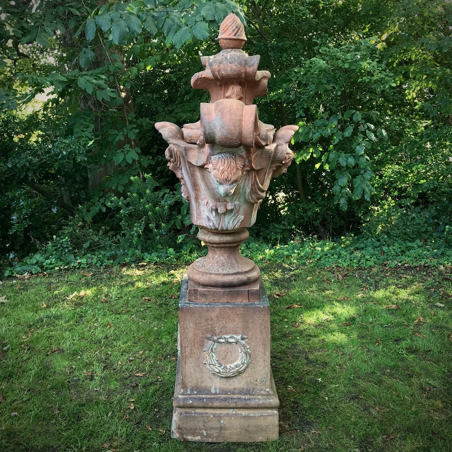 Allegorical Italian Terracotta Urn and Plinth