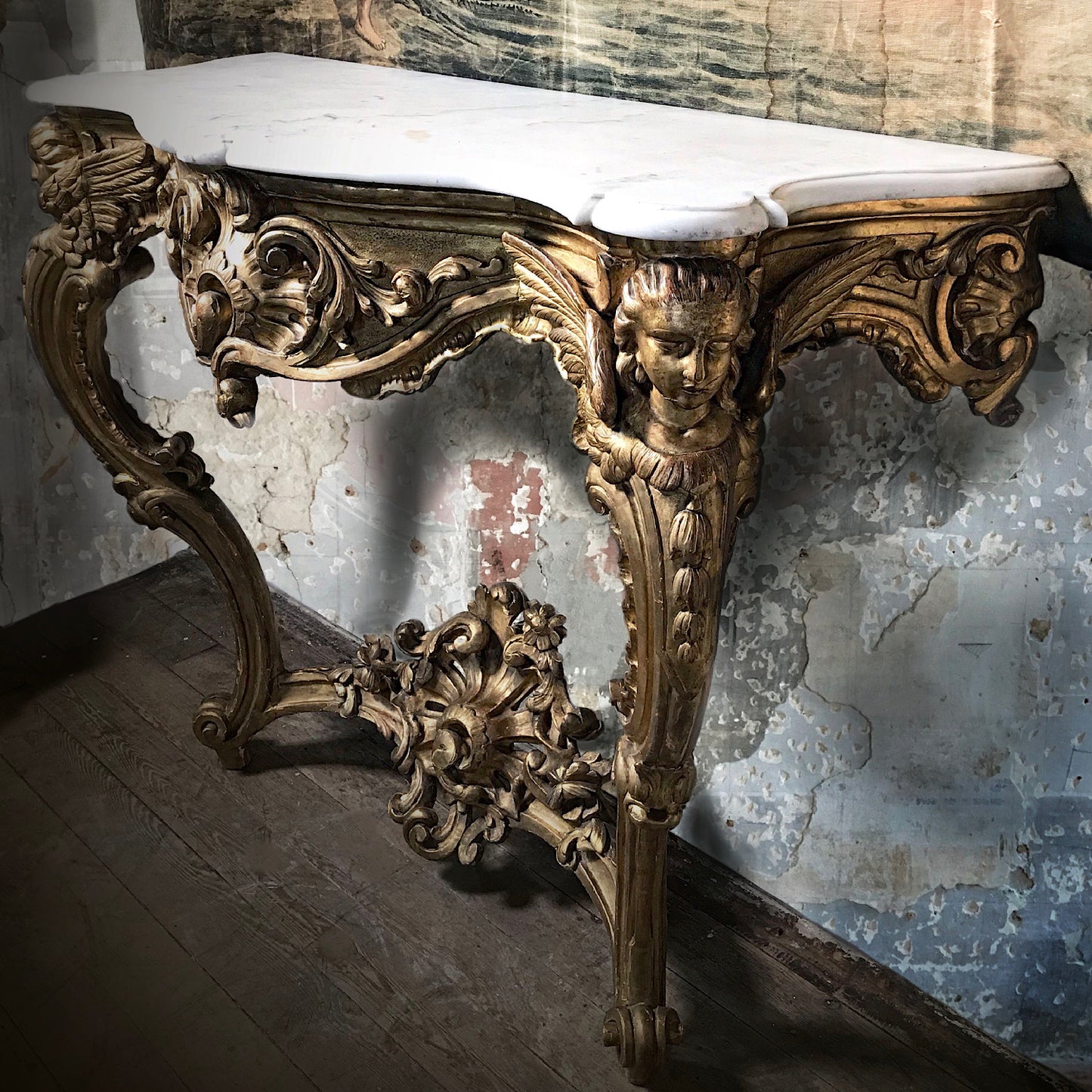 Large French Louis XV Style Giltwood Angel Console Table c.19th Century