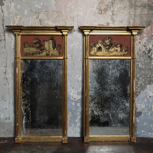 Pair of Regency Pier Glass Mirrors depicting Cistercian Abbeys Whalley & Sawley