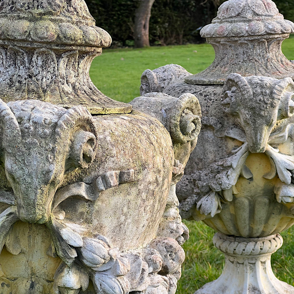 Set of Three Rams Head Urns with Swags