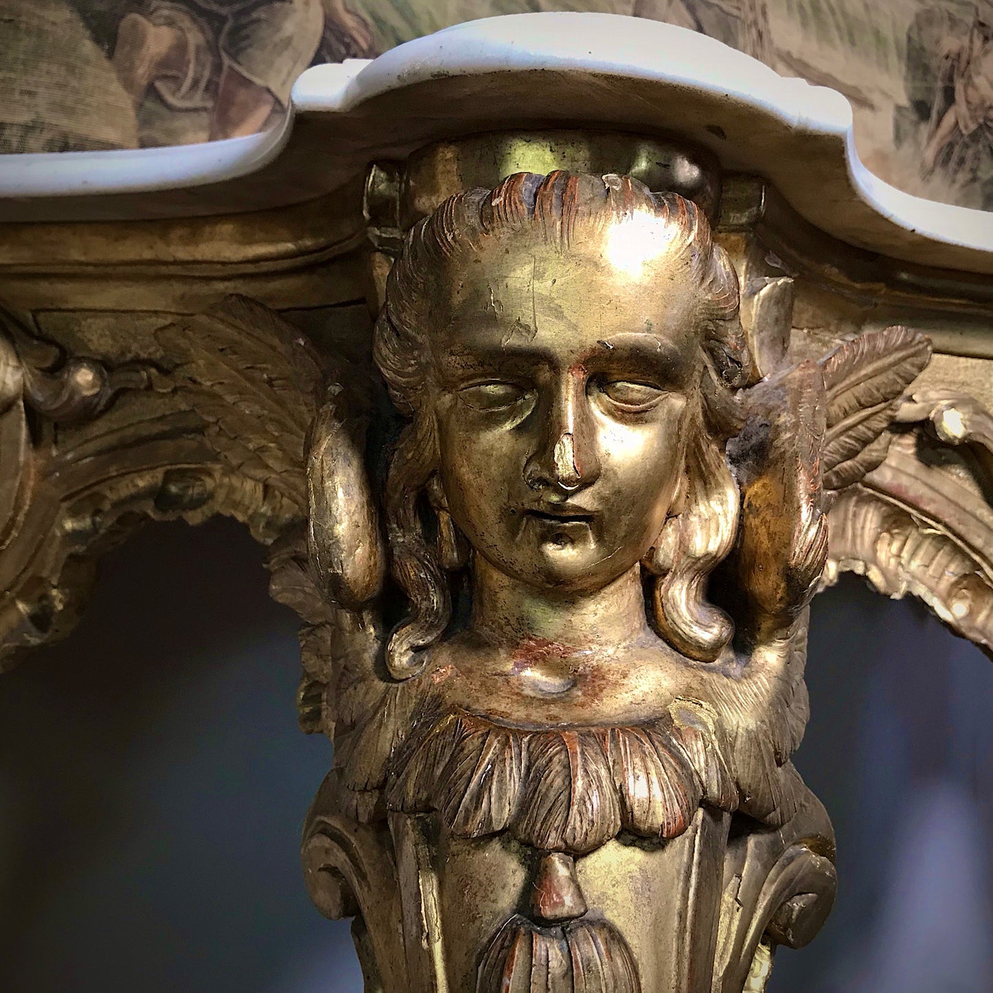 Large French Louis XV Style Giltwood Angel Console Table c.19th Century