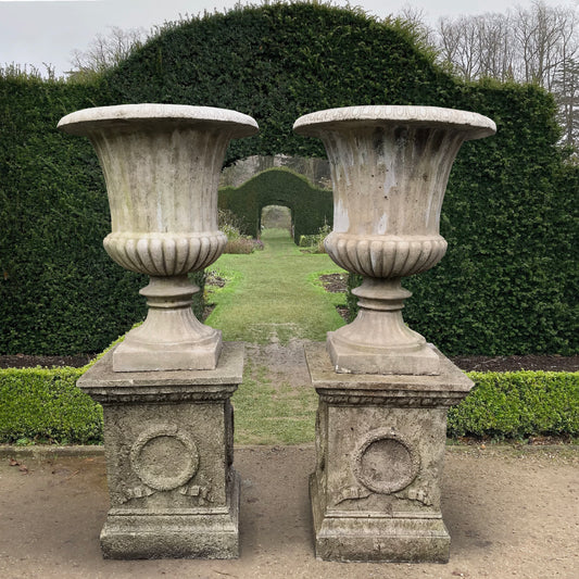 Pair of Monumental Scale Campana Urns with Plinths