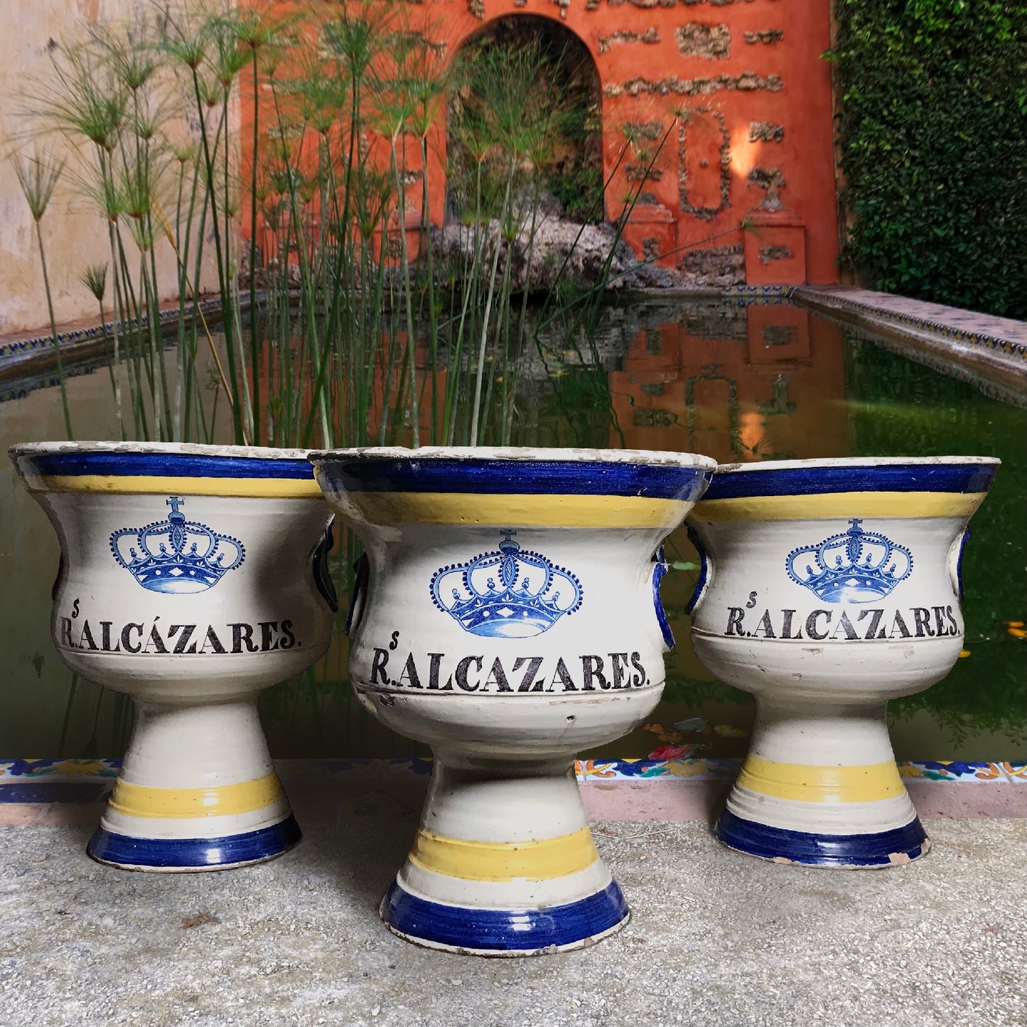 Three 19th Century Faience Spanish Campana Vases from the Real Alcázar de Sevilla (Royal Alcázar Palace of Seville)