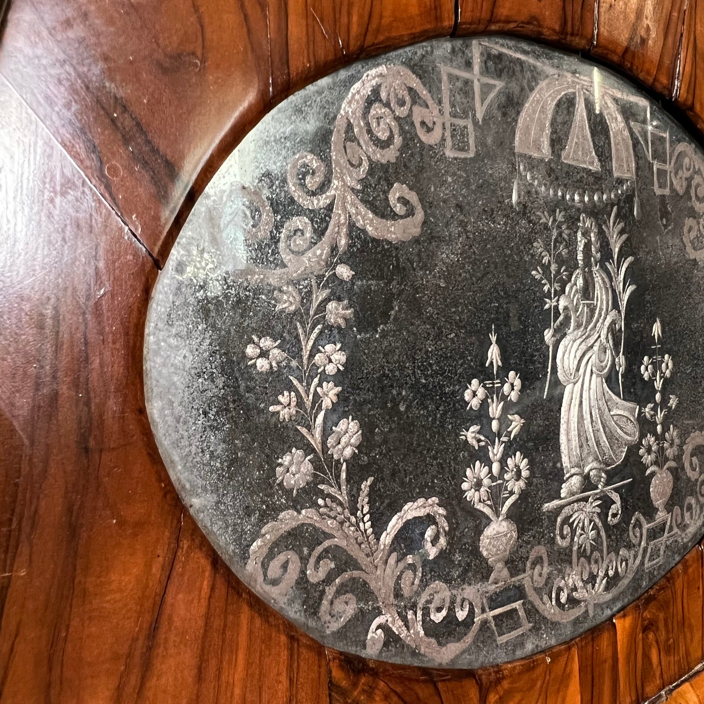 English George II Figured Walnut Mirror with Etched Glass Panel Depicting Daphne c.1740