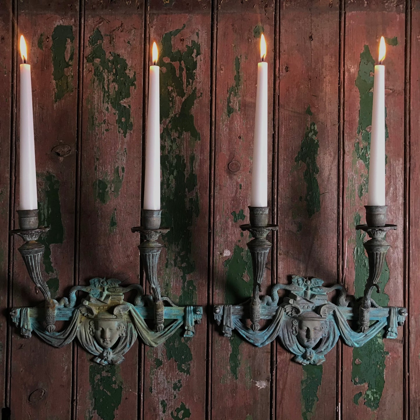 French Verdigris Bronze Mercury Wall Sconces Pair II