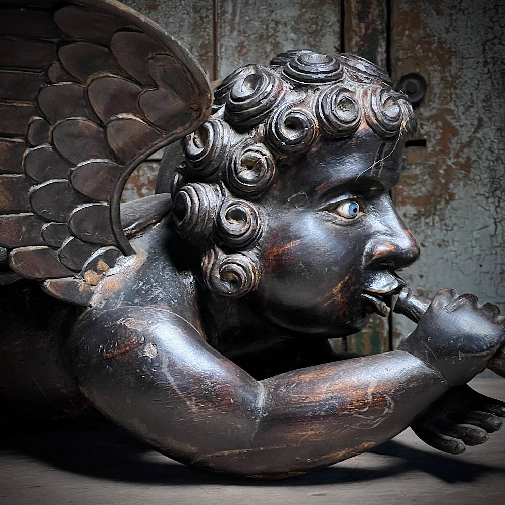 A Huge Pair of Heralding Horn-blowing Angels c.18th Century.