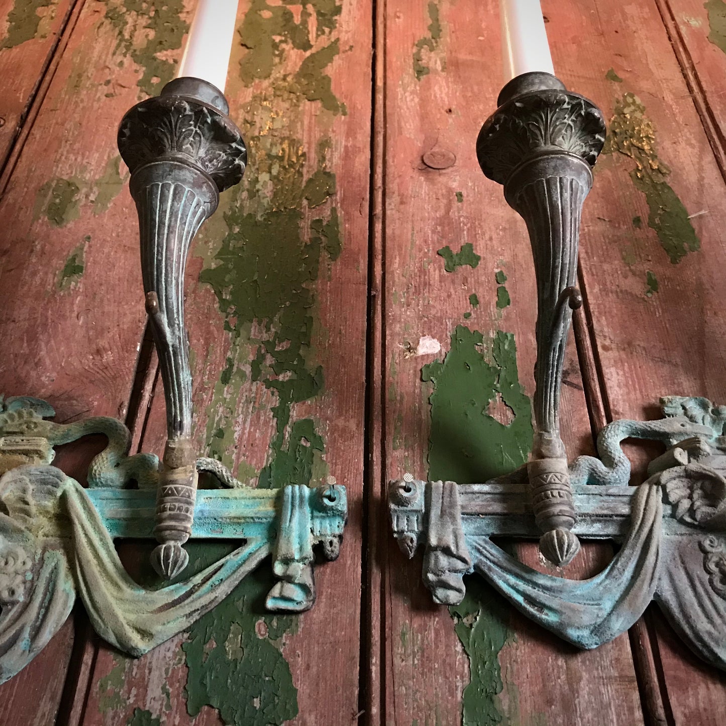 French Verdigris Bronze Mercury Wall Sconces Pair II