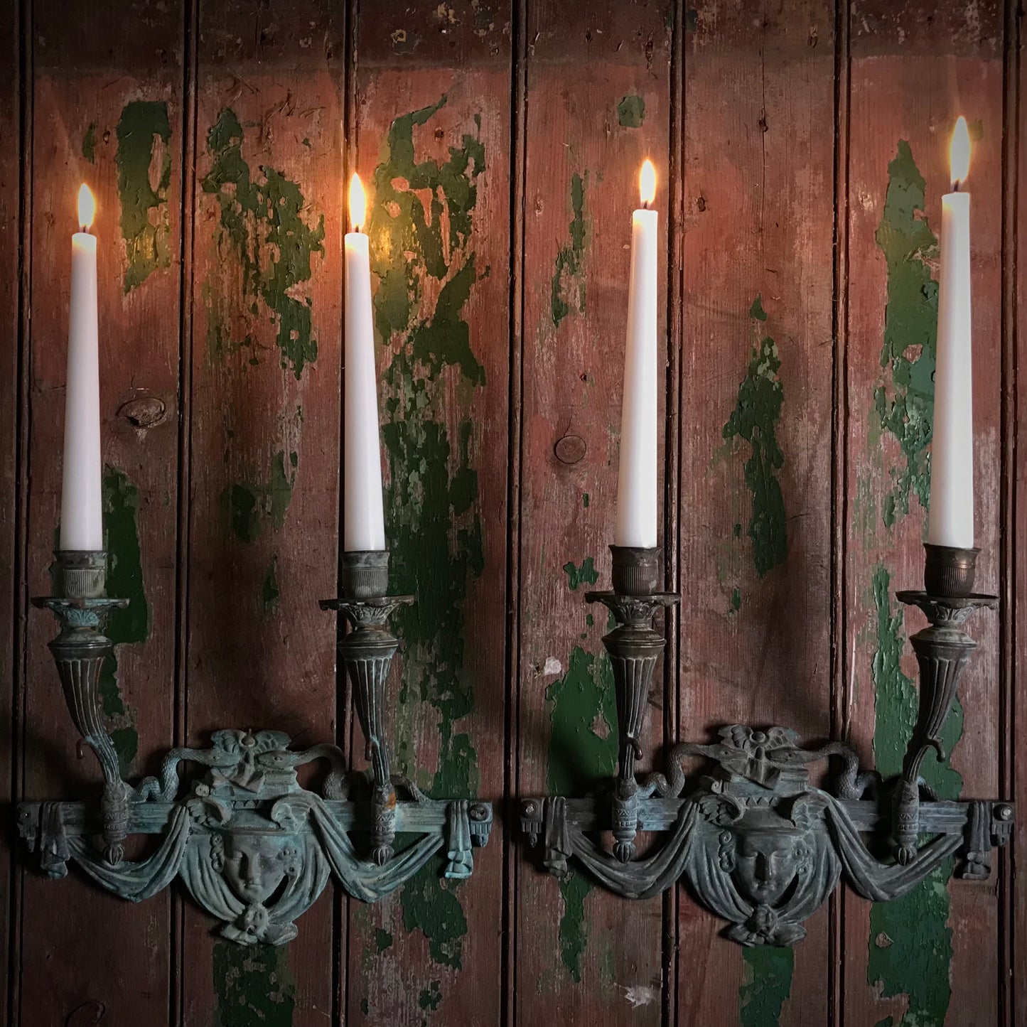 French Verdigris Bronze Mercury Wall Sconces