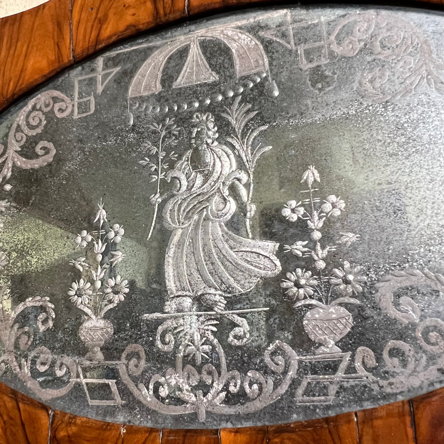 English George II Figured Walnut Mirror with Etched Glass Panel Depicting Daphne c.1740