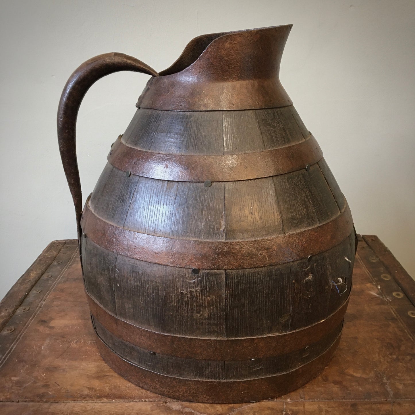 French Coppered Oak Winemakers Jug c.1880
