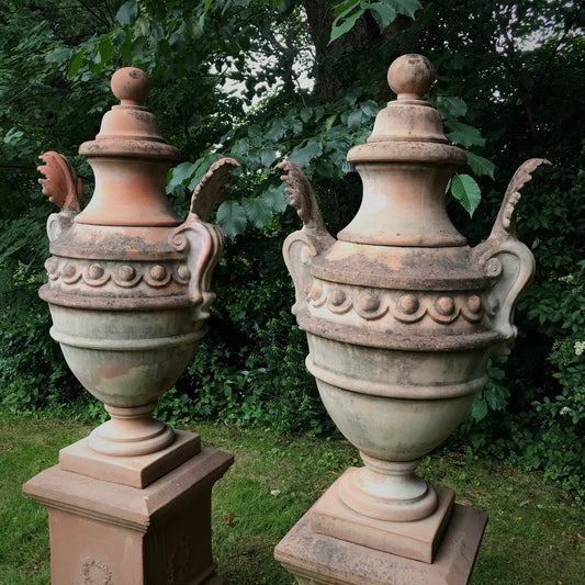 Pair of Huge Italian Terracotta Classical Urns & Plinths