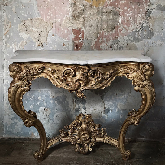 Large French Louis XV Style Giltwood Angel Console Table c.19th Century