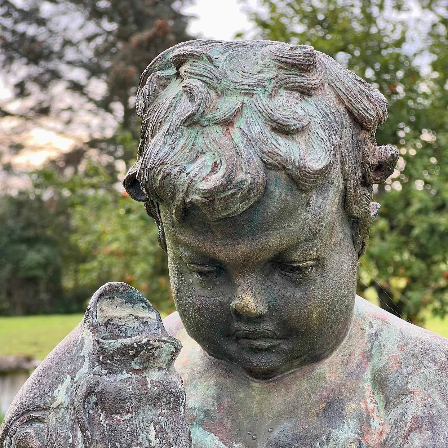 French Bronze Boy Holding Carp Fountain