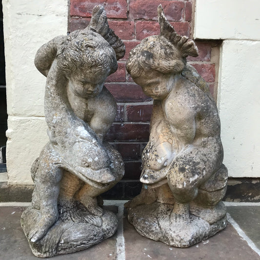 Pair of Putti/Cherub with Carp Fountain Heads