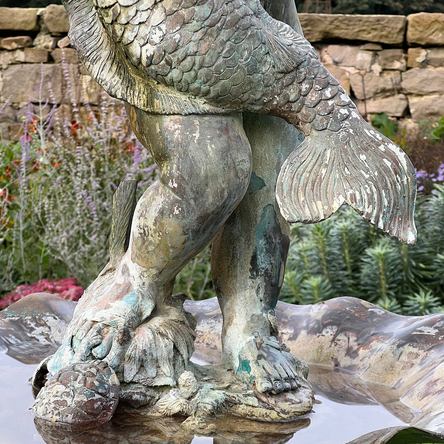 French Bronze Boy Holding Carp Fountain