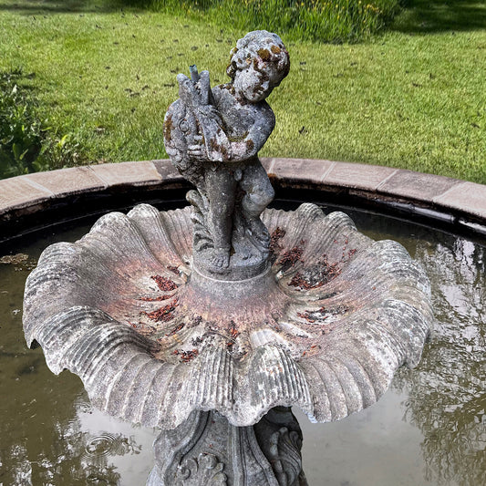Single-Tier Italianate Clam Shell Fountain with Putto & Carp