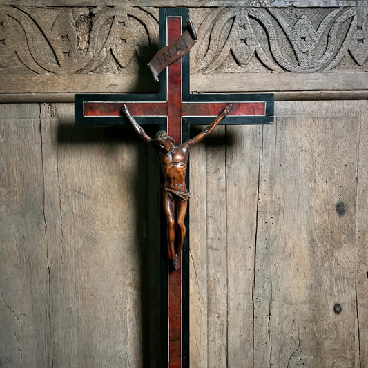 Flemish Crucifix in Veneered Red Tortoiseshell and Carved Fruitwood Corpus Christi 18th Century