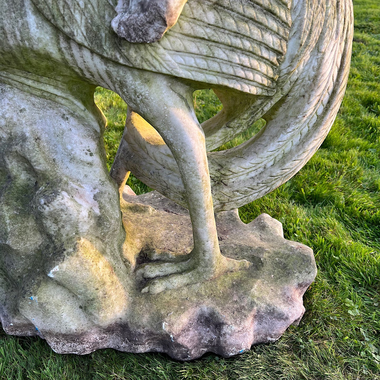 Large Marble Winged Cupid & Stork Statue Mid 20th Century