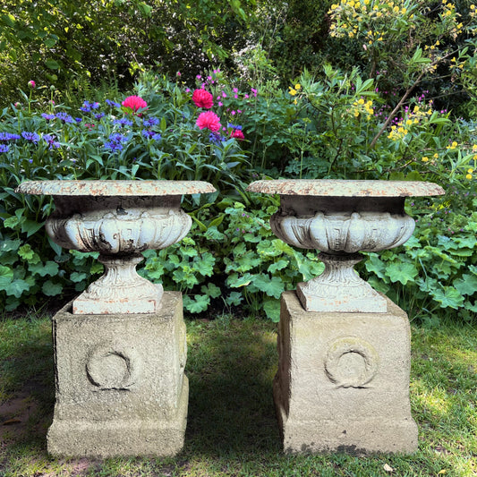 Pair of French Cast Iron Urns on Plinths c.1880