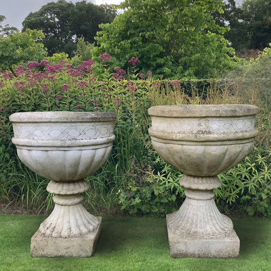 Pair of Carved White Marble Urns