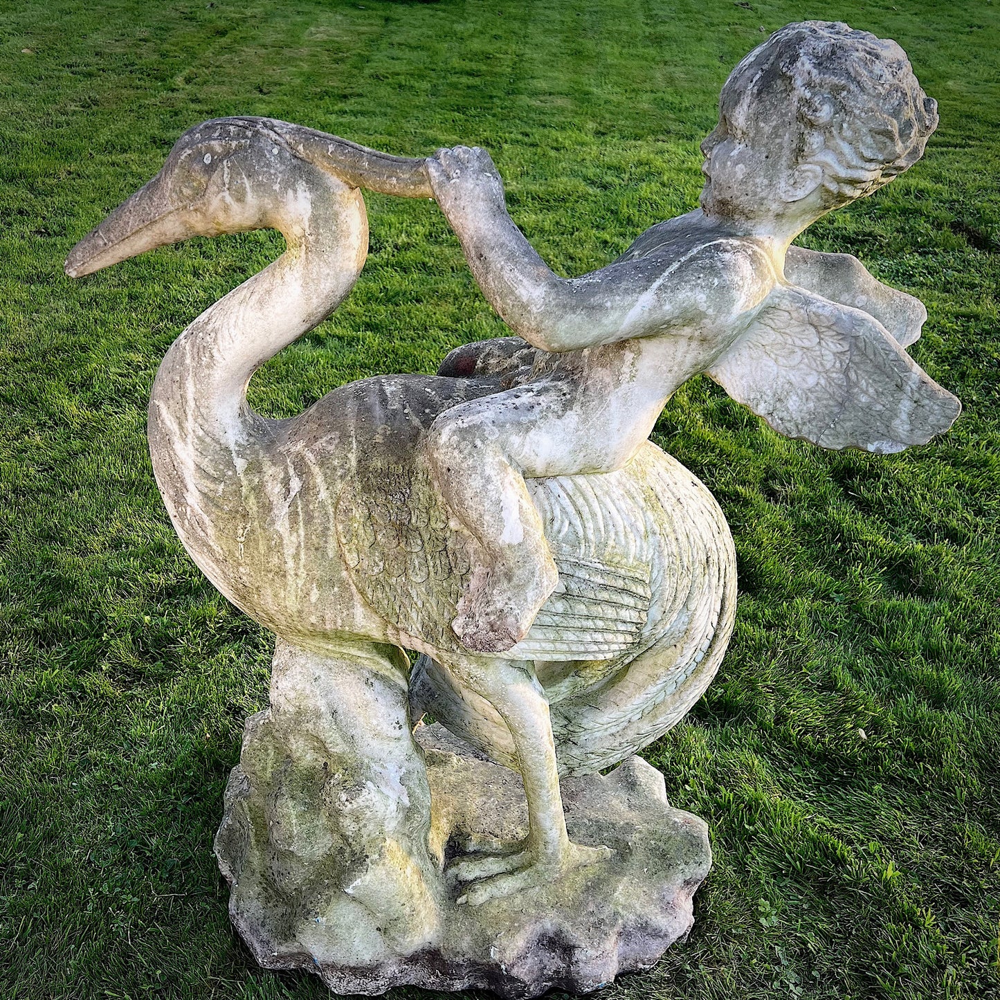 Large Marble Winged Cupid & Stork Statue Mid 20th Century