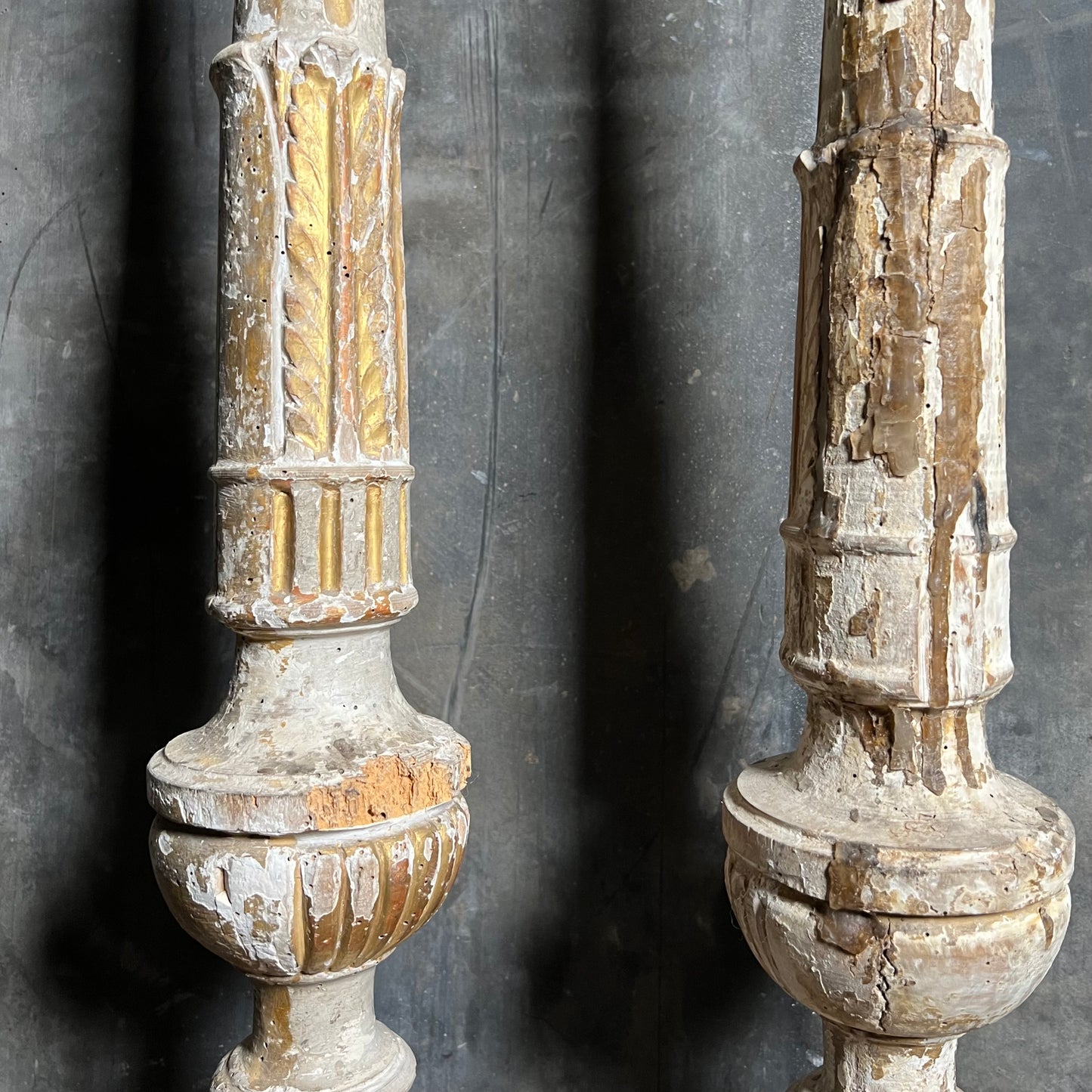 Pair of Tall Carved Painted Italian Altar Candlesticks Late 17th/Early 18th Century