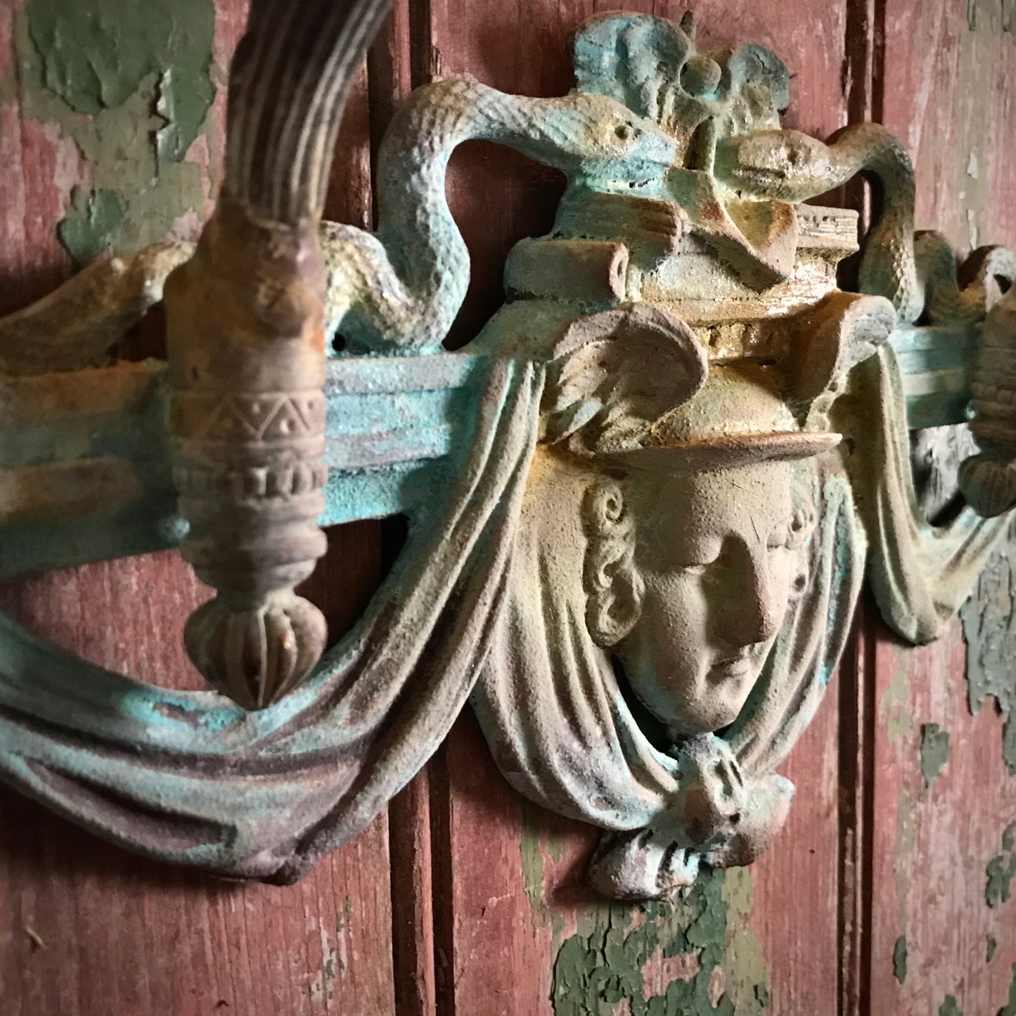 French Verdigris Bronze Mercury Wall Sconces Pair II