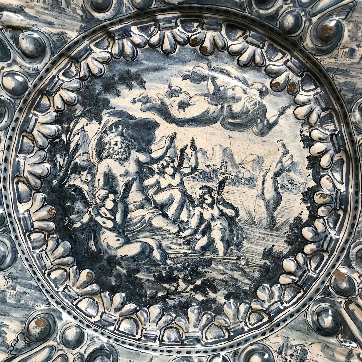 Rare Huge Savona Liguria Maiolica Charger attributed to Giovanni Antonio Guidobono c.1660-1680.