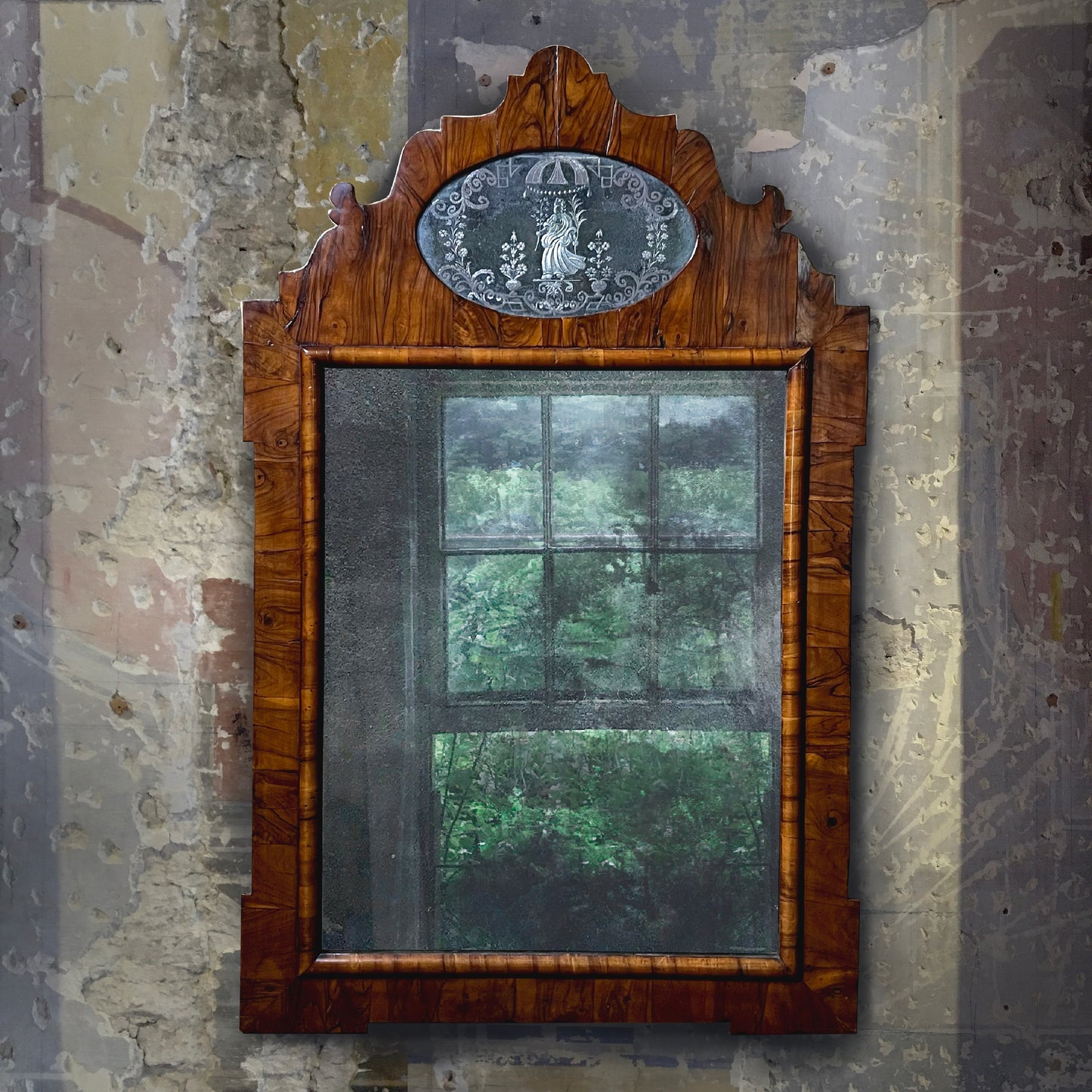 English George II Figured Walnut Mirror with Etched Glass Panel Depicting Daphne c.1740