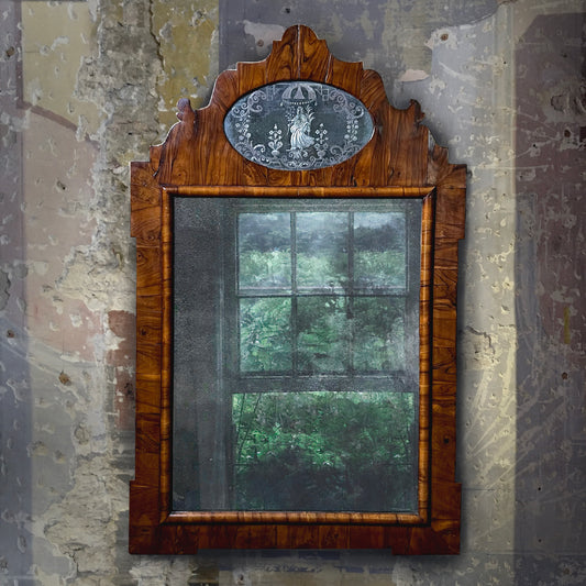 English George II Figured Walnut Mirror with Etched Glass Panel Depicting Daphne c.1740