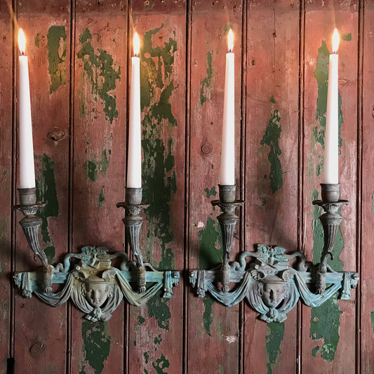 French Verdigris Bronze Mercury Wall Sconces Pair II
