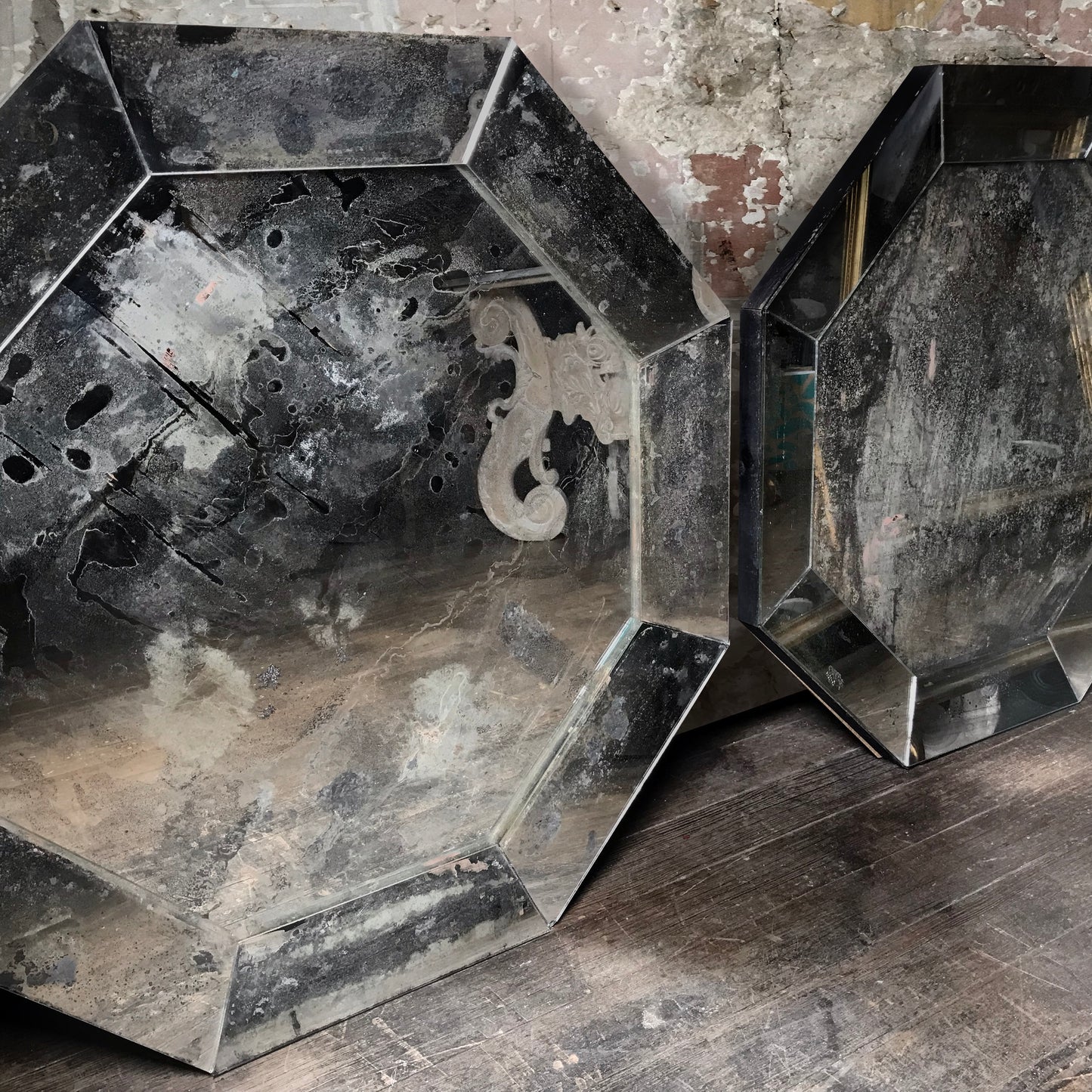 Pair of French Antique Mirror Glass Hexagonal Mirrors