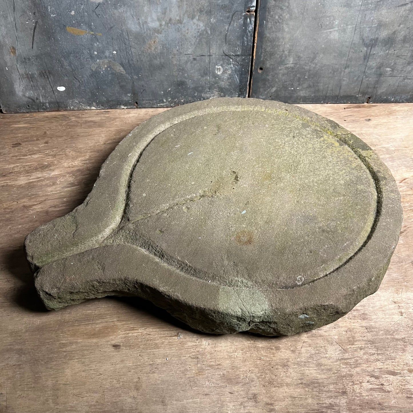 Primitive Carved Stone Cheese Press as Platter c.1880 or earlier
