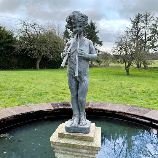 Lead Piping Boy Fountain with Terracotta Plinth c.1880