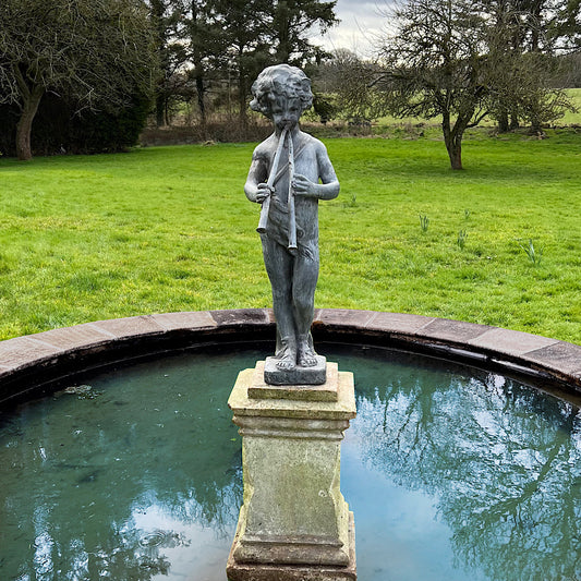 Lead Piping Boy Fountain with Terracotta Plinth c.1880