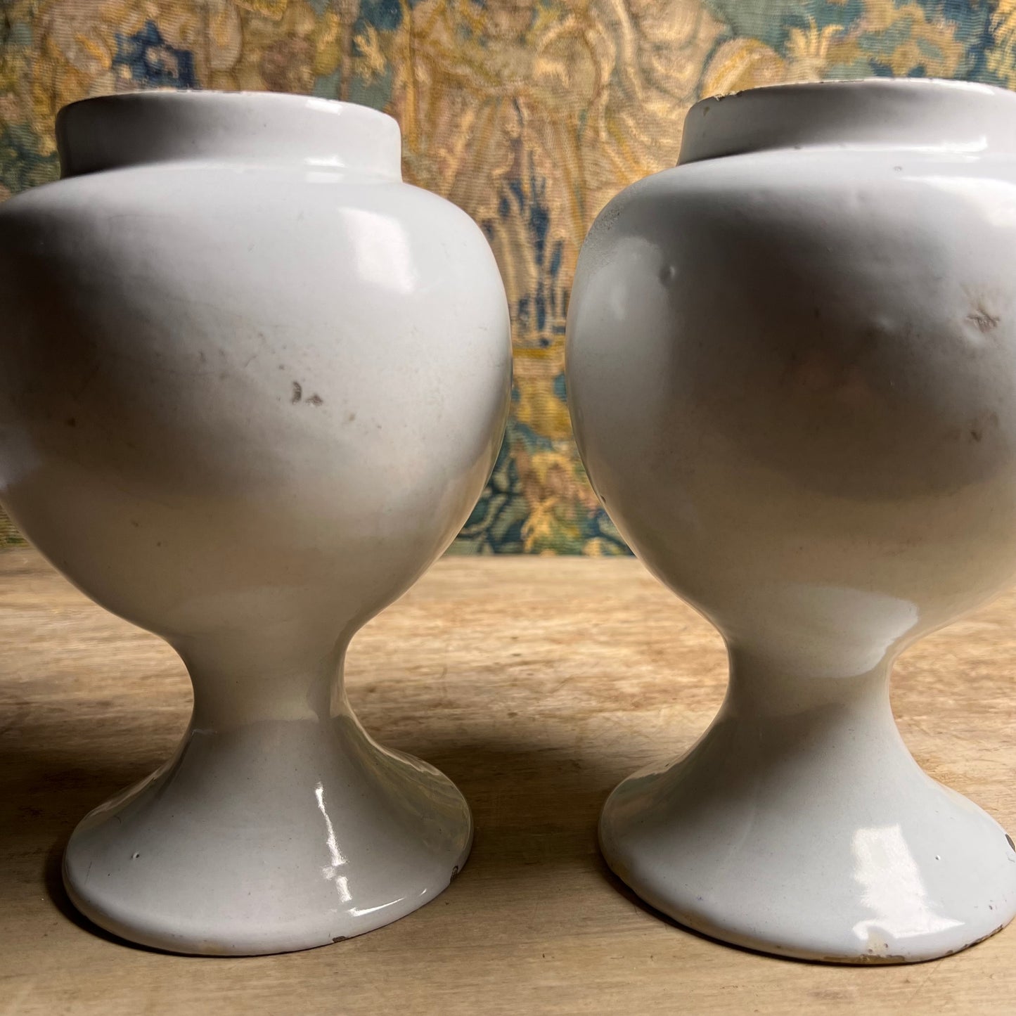 Pair of Dutch Delft Apothecary Syrup Jars, “Oxym. Simpl.” & “S. Rhei”, Mid-18th century (c.1730–1760)