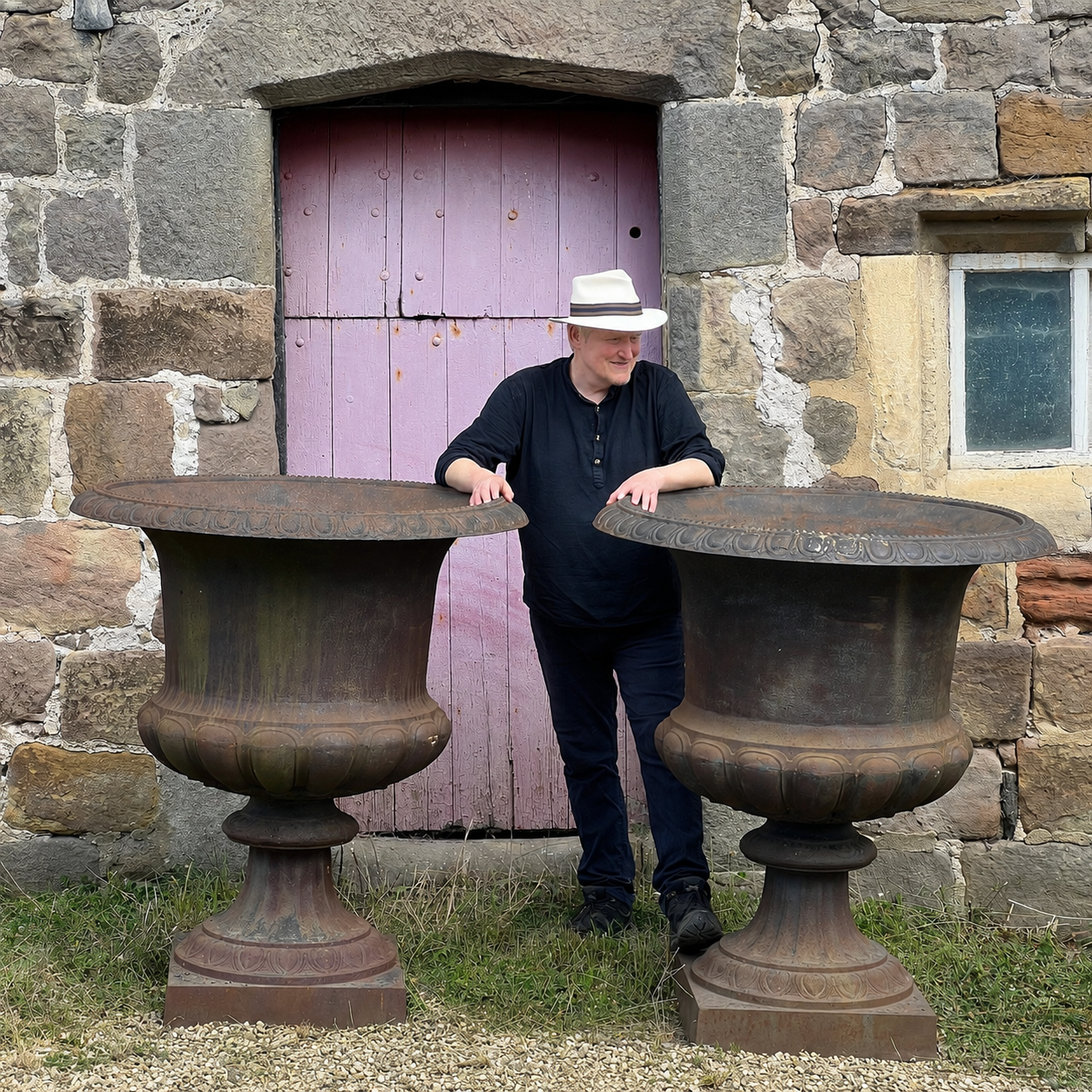 Monumental Pair of Cast Iron Campana Garden Urns, Late 20th Century