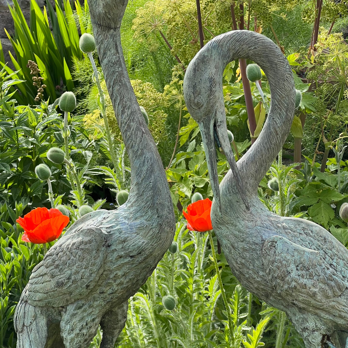 Pair of Meiji Style Bronze Garden Cranes with Fountain Spouts Mid 20th Century
