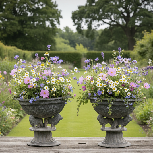 Pair of Georgian Lead Urns with Lion Supports, England c.1820