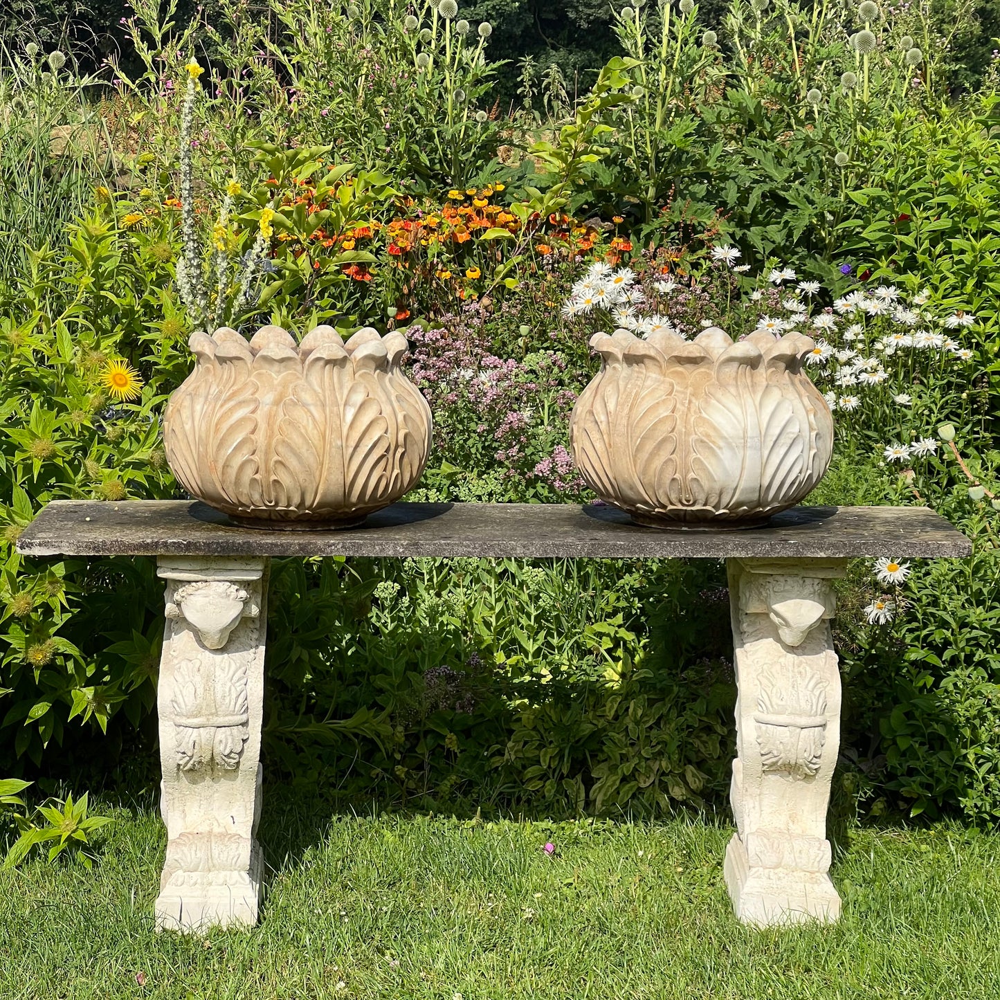 Pair of Italian Art Deco Carved Marble Lotus Form Planters, c.1930
