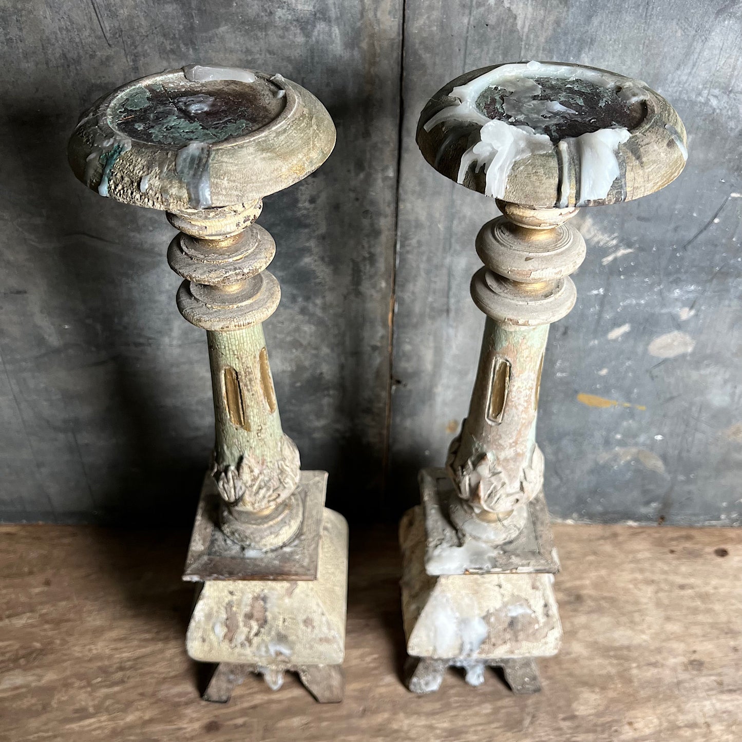 Pair of Swedish Painted Wooden Candlesticks c.1870