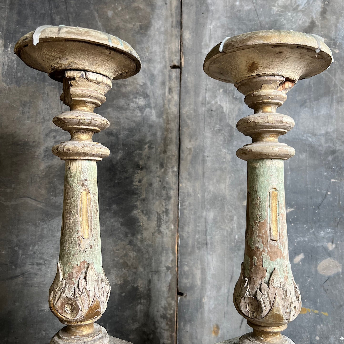 Pair of Swedish Painted Wooden Candlesticks c.1870