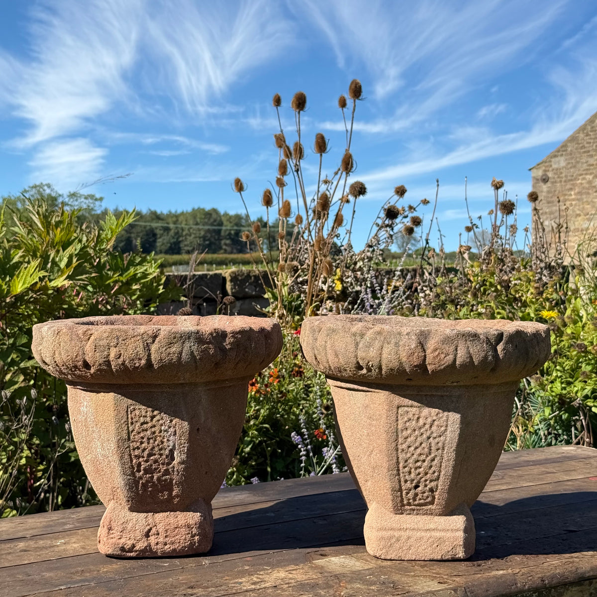 Pair of English Stuart Red Sandstone Urns, c.1680
