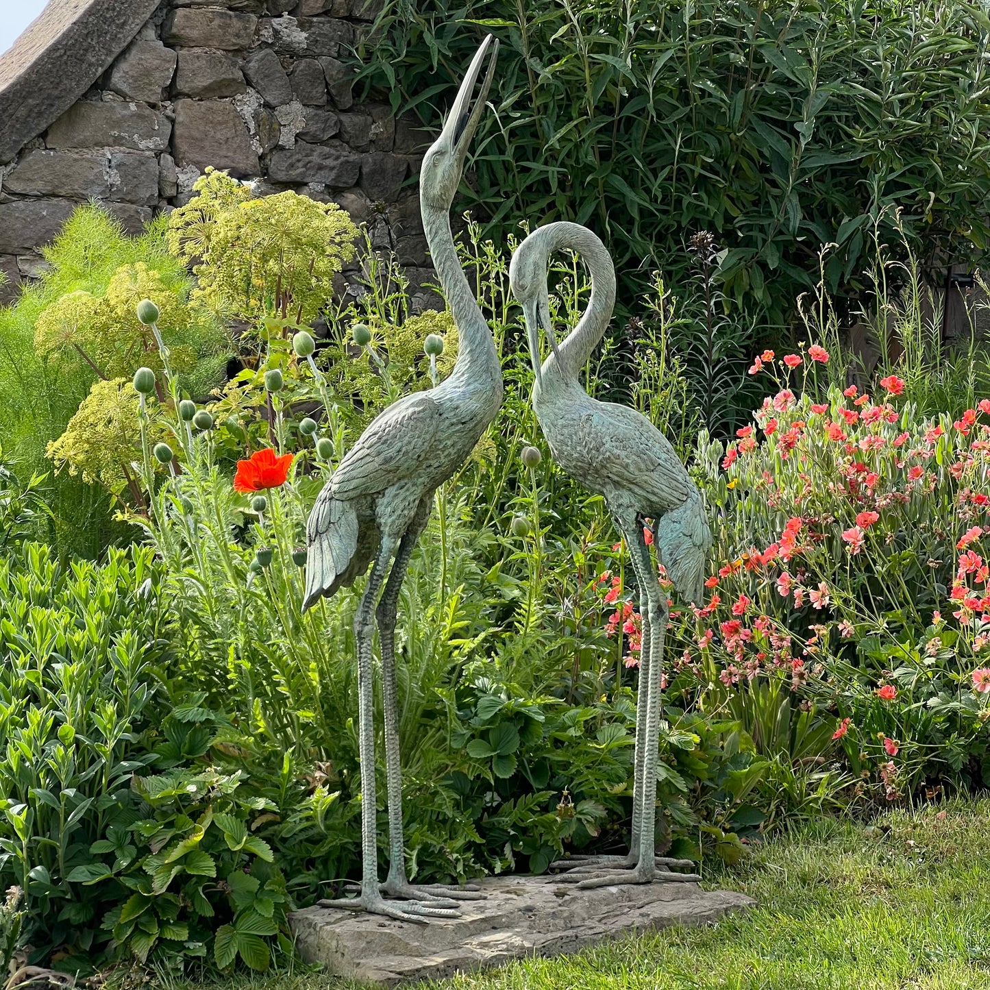 Pair of Meiji Style Bronze Garden Cranes with Fountain Spouts Mid 20th Century