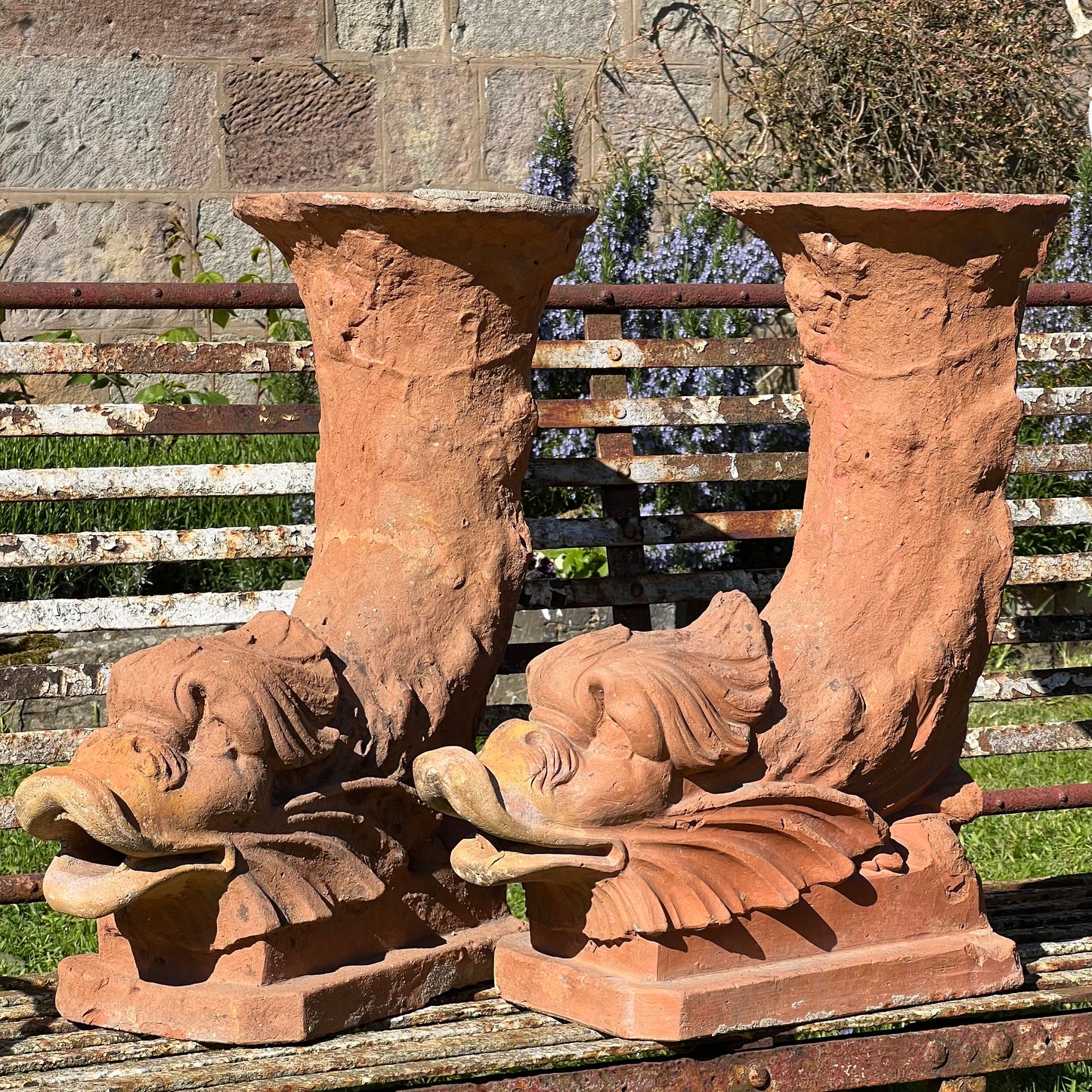 Pair of Italian Terracotta Dolphin Fountain Spouts, Late 18th / Early 19th Century