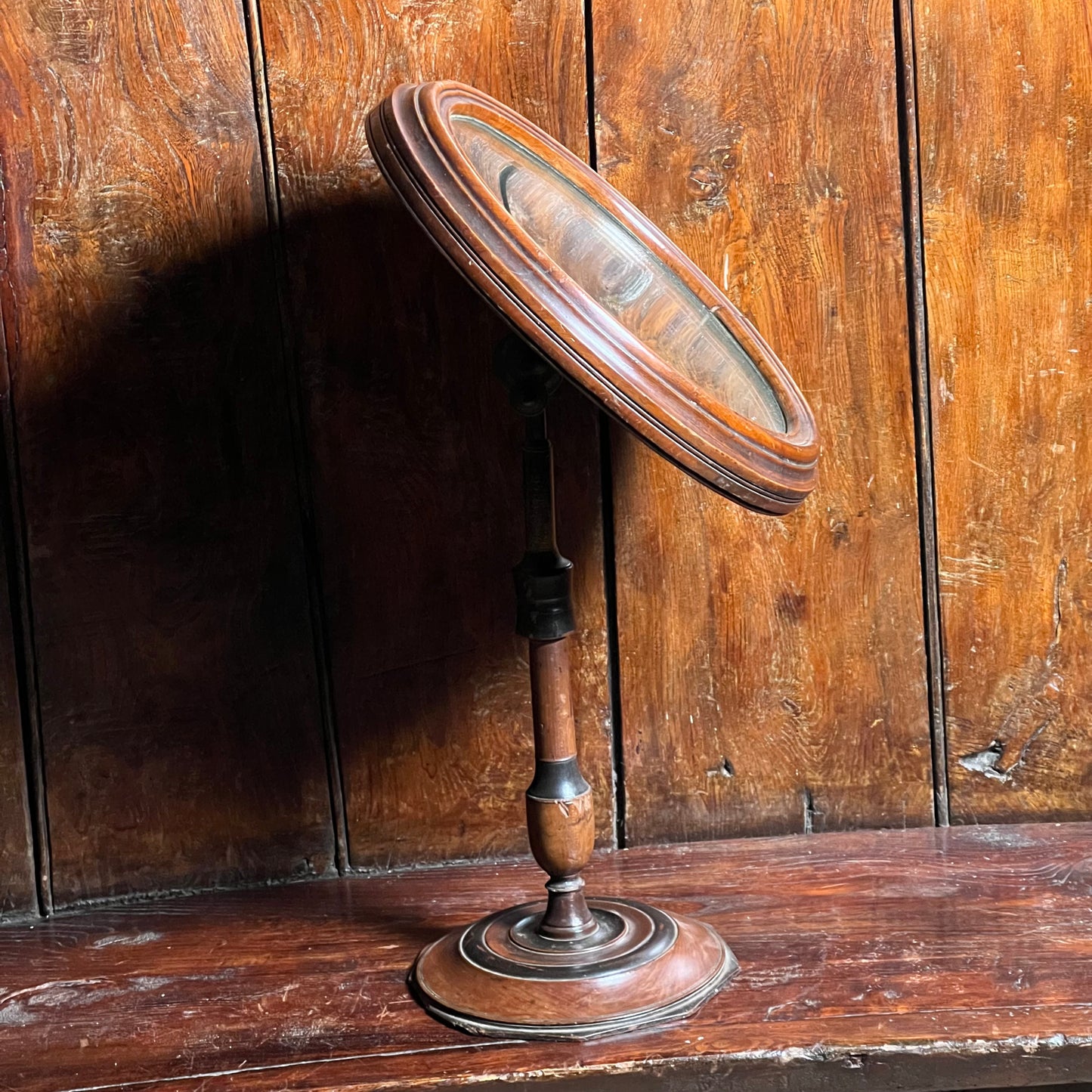 English Victorian Walnut Shaving Mirror with Octagonal Base, c.1850–1865