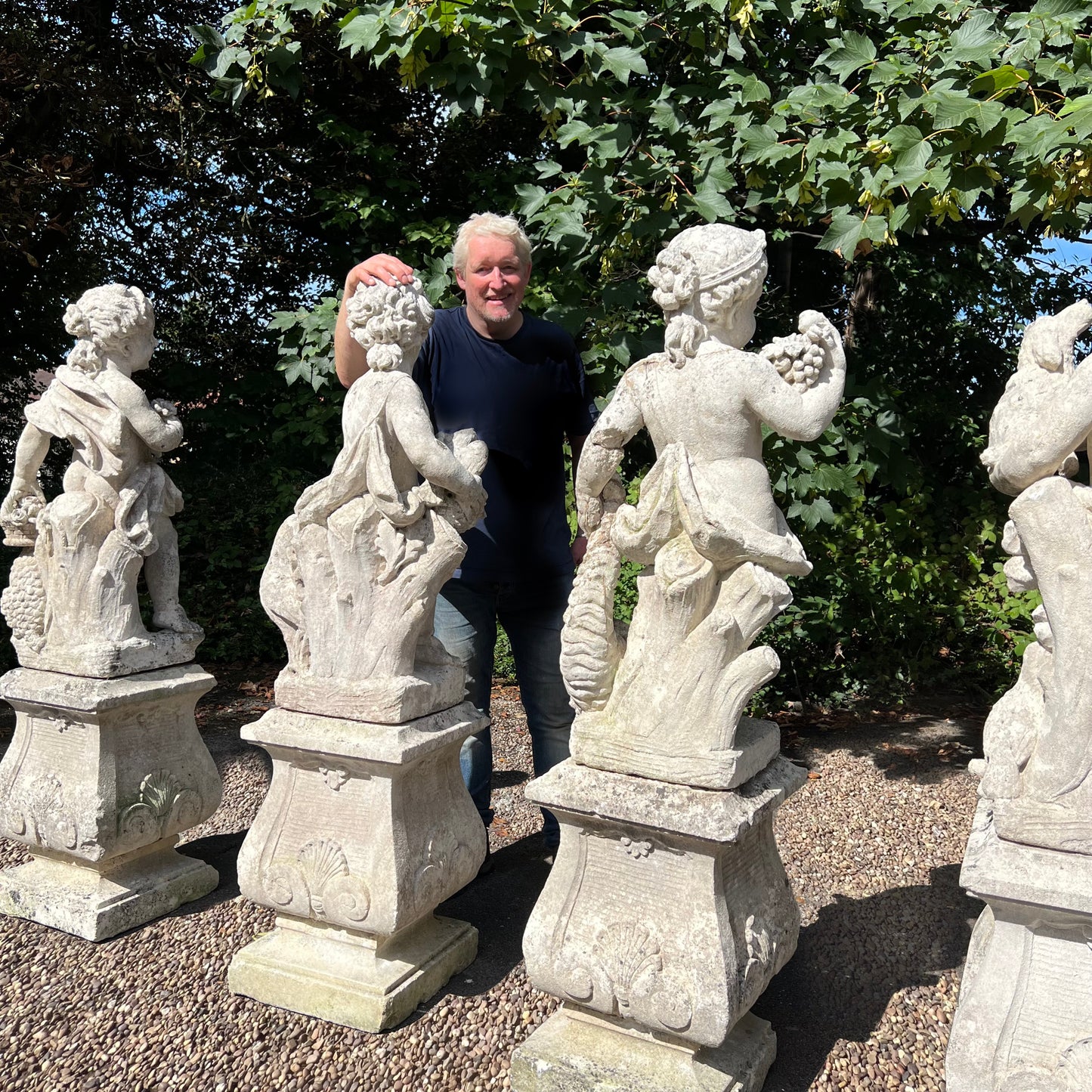 French Limestone Four Seasons Statues with Plinths c. Late 17th/Early 18th Century