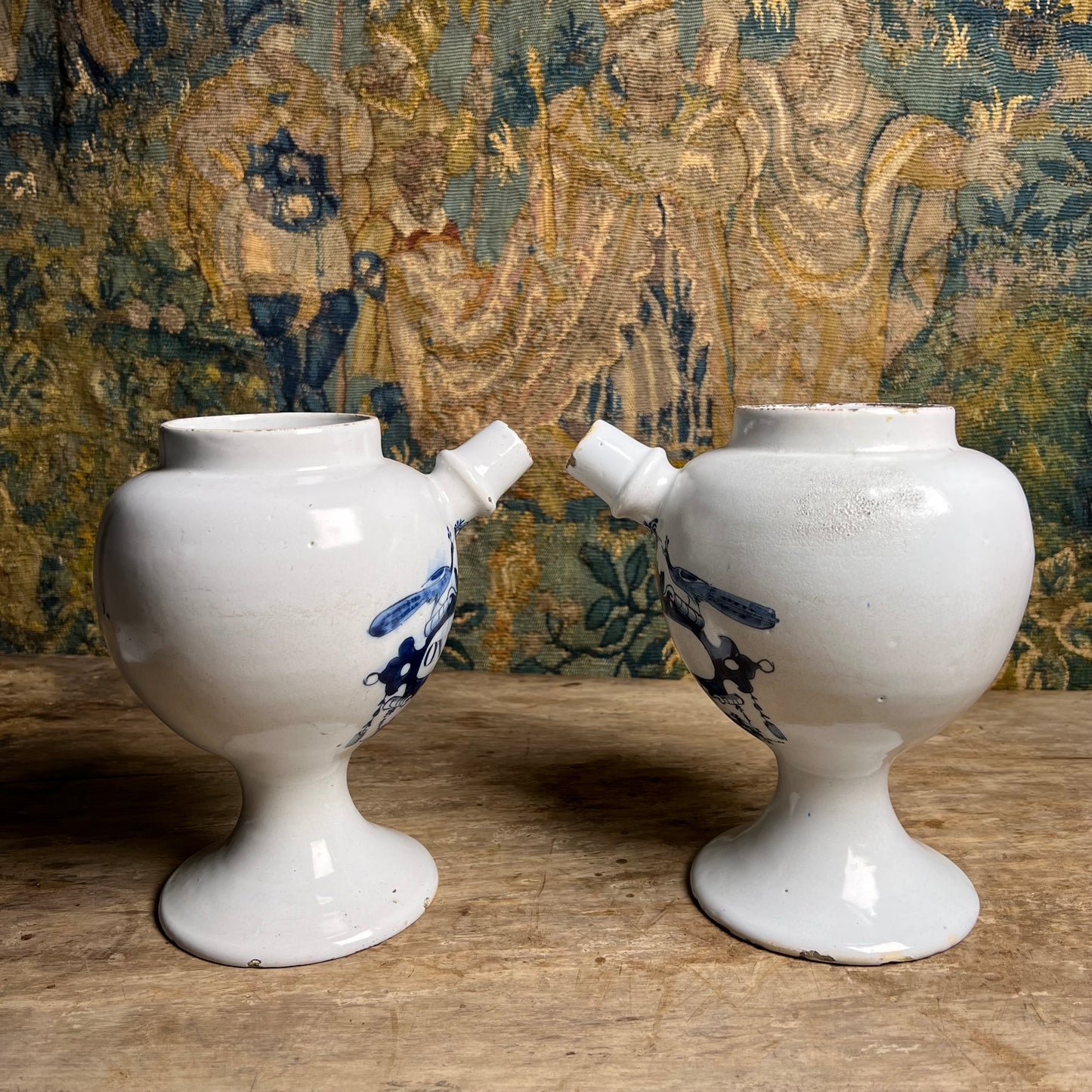 Pair of Dutch Delft Apothecary Syrup Jars, “Oxym. Simpl.” & “S. Rhei”, Mid-18th century (c.1730–1760)