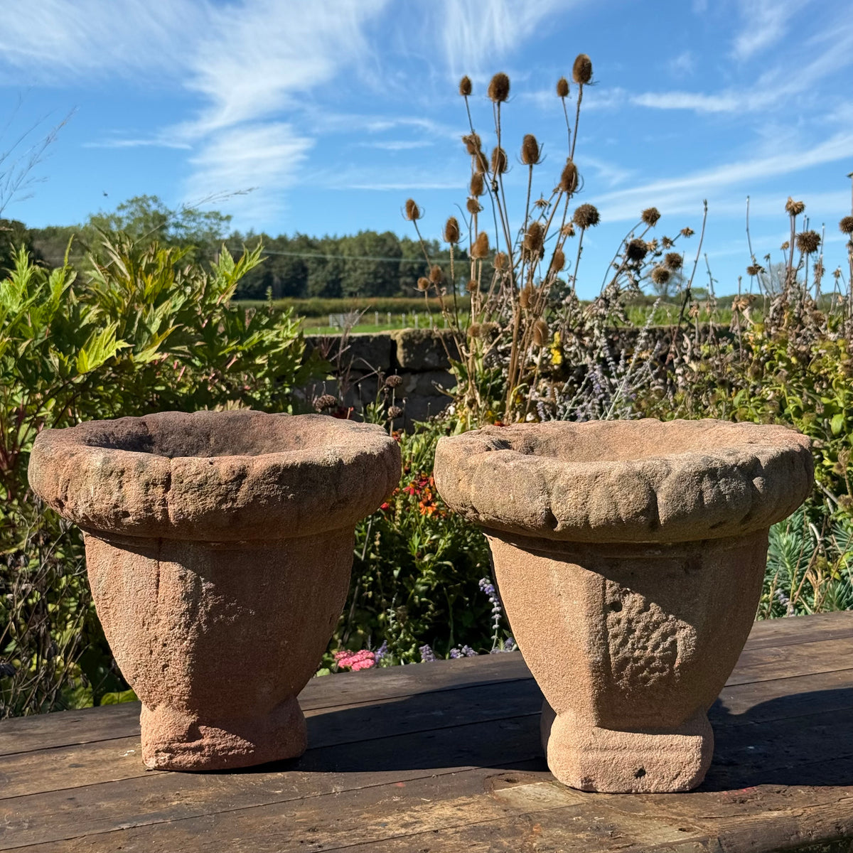 Pair of English Stuart Red Sandstone Urns, c.1680
